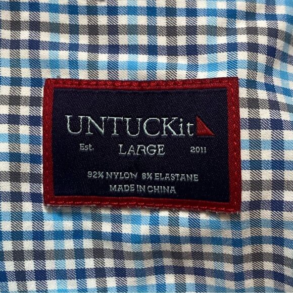 Untuckit Long Sleeve Button Down Breganze Blue White Plaid Shirt Size Large - Picture 3 of 9